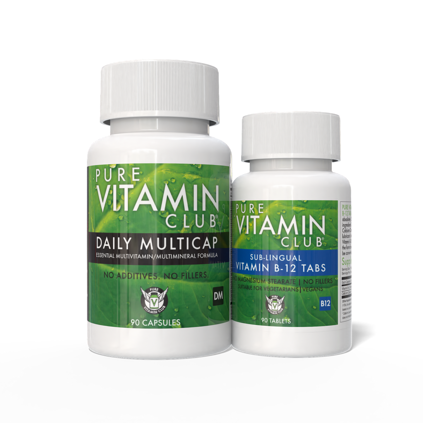 Two bottles of supplements labeled 'Pure Vitamin Club', one for 'Daily Multicap Formula' and another for 'Sublingual Vitamin B-12 Tabs'.