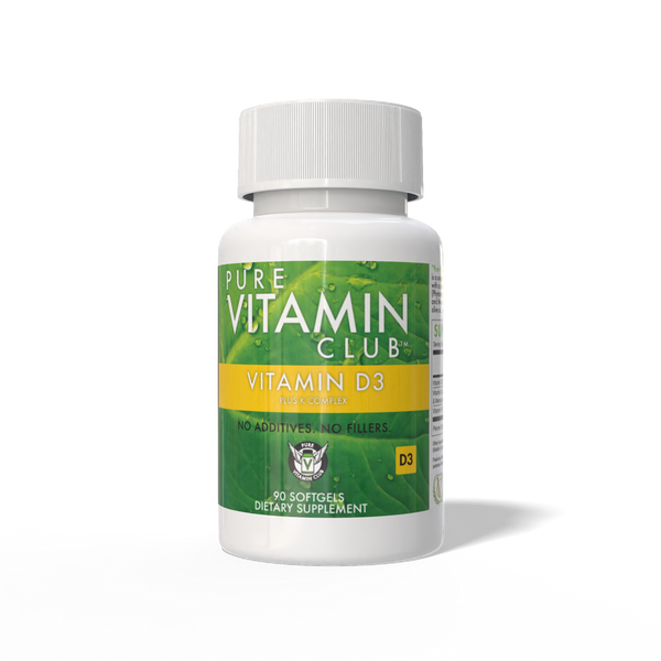 Front of a 90 softgel bottle of Pure Vitamin Club Vitamin D3 Plus K, no additives no fillers