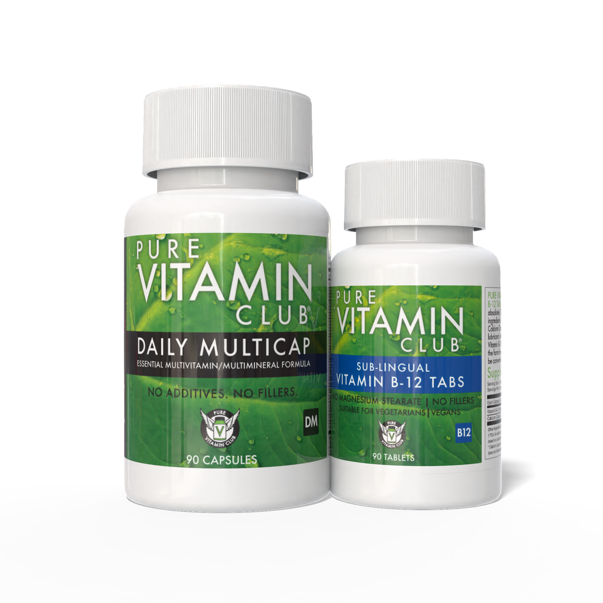 Two bottles of supplements labeled 'Pure Vitamin Club', one for 'Daily Multicap Formula' and another for 'Sublingual Vitamin B-12 Tabs'.