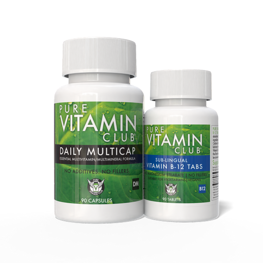 Two bottles of supplements labeled 'Pure Vitamin Club', one for 'Daily Multicap Formula' and another for 'Sublingual Vitamin B-12 Tabs'.