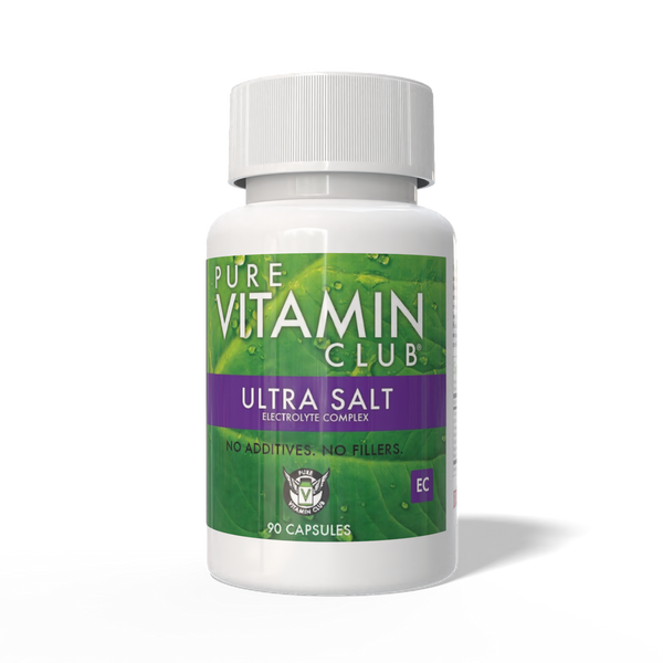 Front of a 90 capsule bottle of Pure Vitamin Club Ultra Salt Electrolyte Complex, no additives no fillers